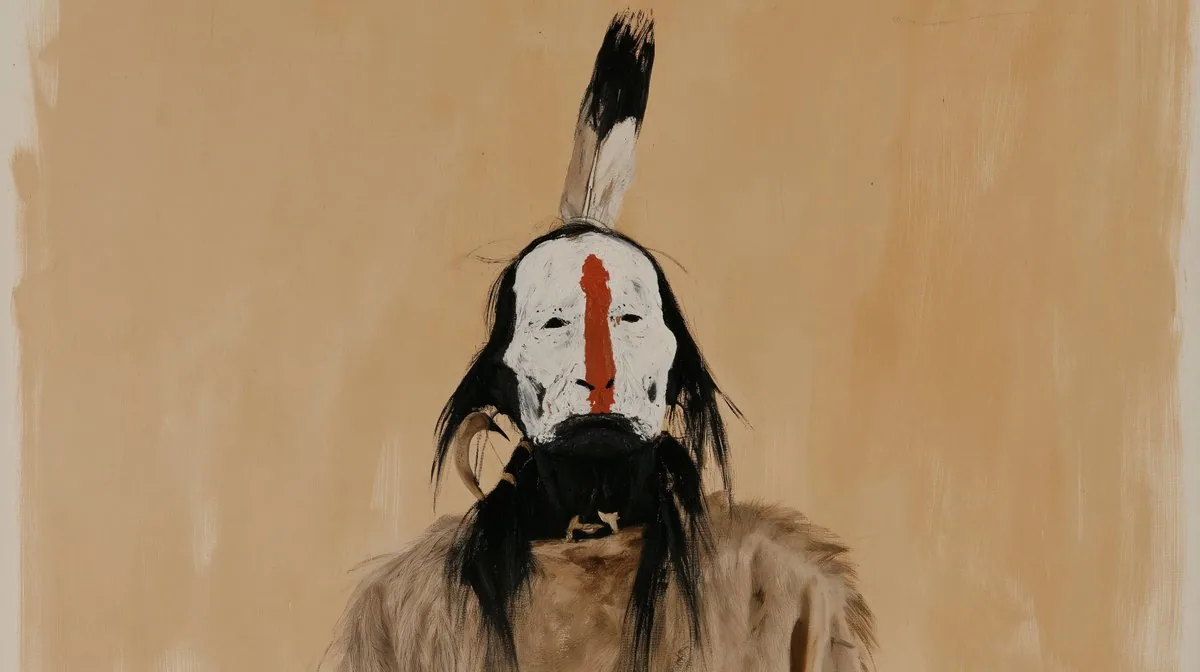 Elderly Arikara chief with white tribal face paint, buffalo and deerskin garments, feathers and jewellery, ci… - AI提示词参考图，来自西西提示词