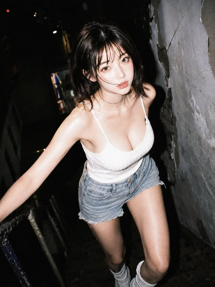 主題： 暗路地の白キャミ 主体： 画面中央で暗い狭い通路の階段を上る女性を、至近距離のフラッシュで捉えた縦写真。白いキャミソールと色落ちしたデニムショートパンツが闇から浮かぶ。 人物・表情： 女性は少し前屈みで顔を上げ… - AI提示词参考图，来自西西提示词