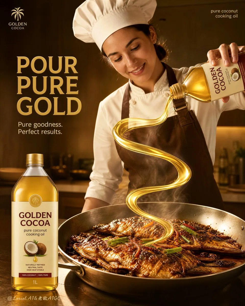 Create a flagship commercial advertising poster for an original coconut cooking oil brand named "GOLDEN COCOA… - AI提示词参考图，来自西西提示词