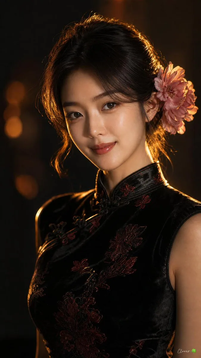 A cinematic close-up portrait of a gorgeous young East Asian woman with a gentle warm smile, wearing a tradit… - AI提示词参考图，来自西西提示词