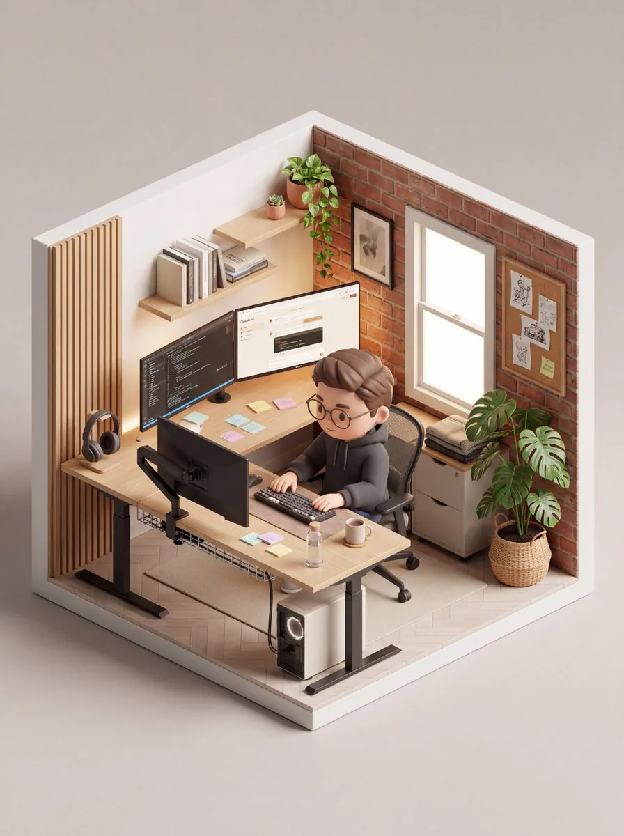 An isometric 3D cube-shaped miniature room (shallow cutaway true cube; everything strictly contained within t… - AI提示词参考图，来自西西提示词