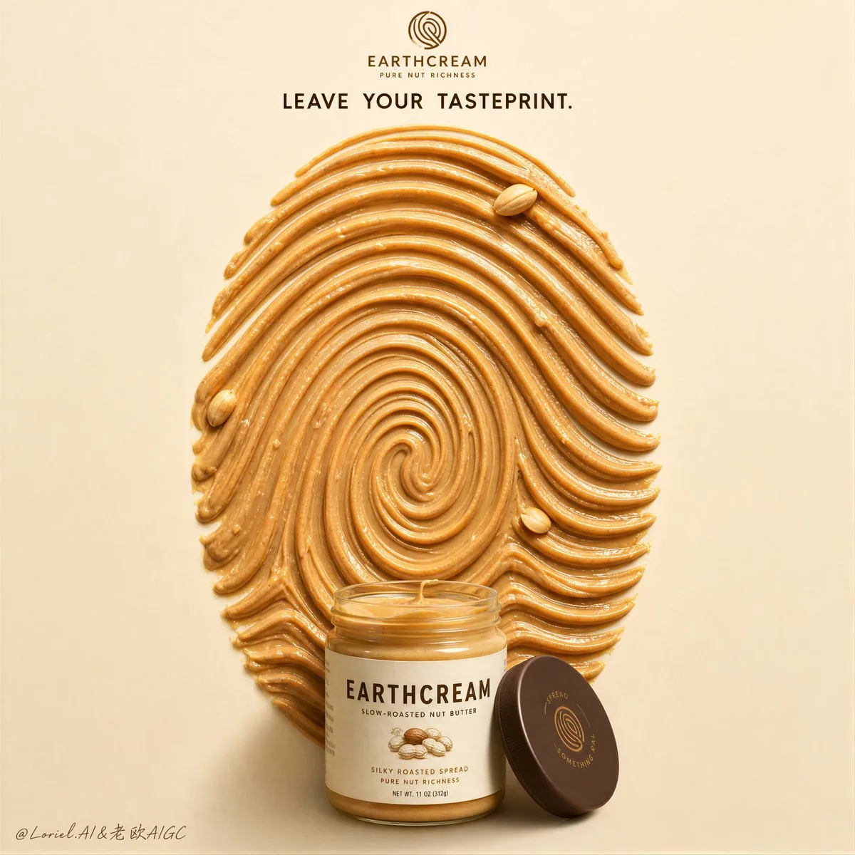 Create a flagship commercial advertising poster for an original nut butter brand named "EARTHCREAM", combinin… - AI提示词参考图，来自西西提示词