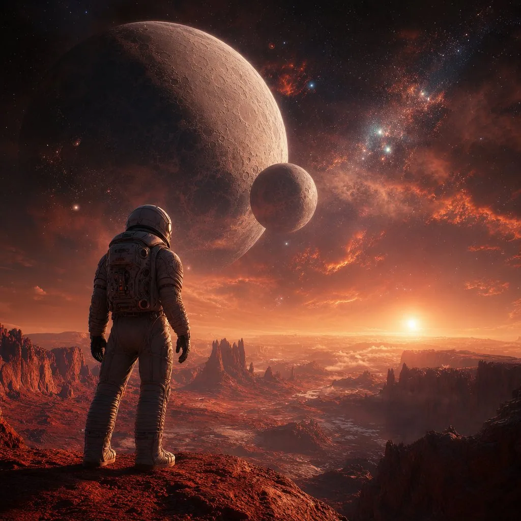 Create an epic cinematic photograph of a lone astronaut standing on a red alien cliff, gazing up at two massi… - AI提示词参考图，来自西西提示词