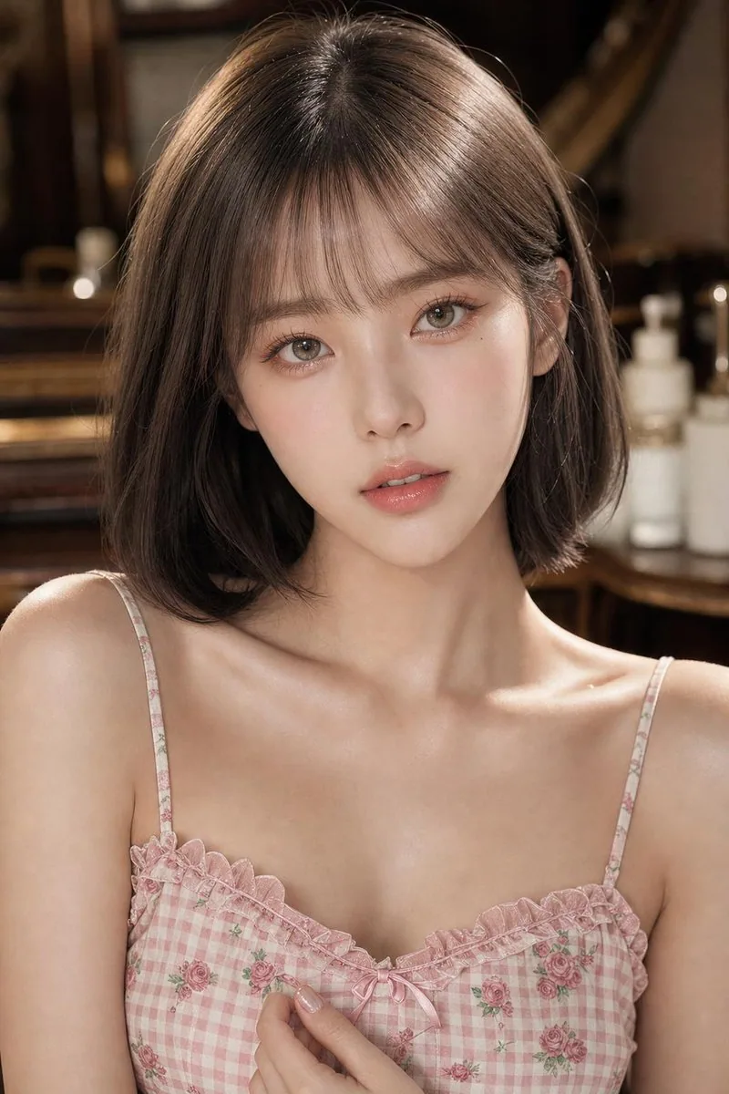Create a highly photorealistic, youthful East Asian beauty portrait of an adult woman, captured in a medium c… - AI提示词参考图，来自西西提示词