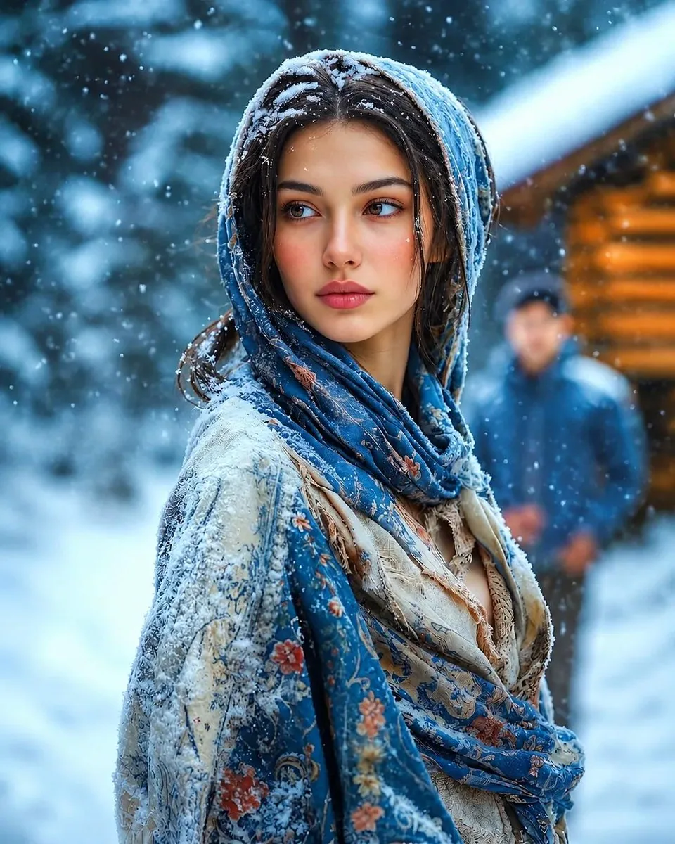 A cinematic medium close-up portrait of a breathtakingly beautiful young woman outdoors in a winter wonderlan… - AI提示词参考图，来自西西提示词
