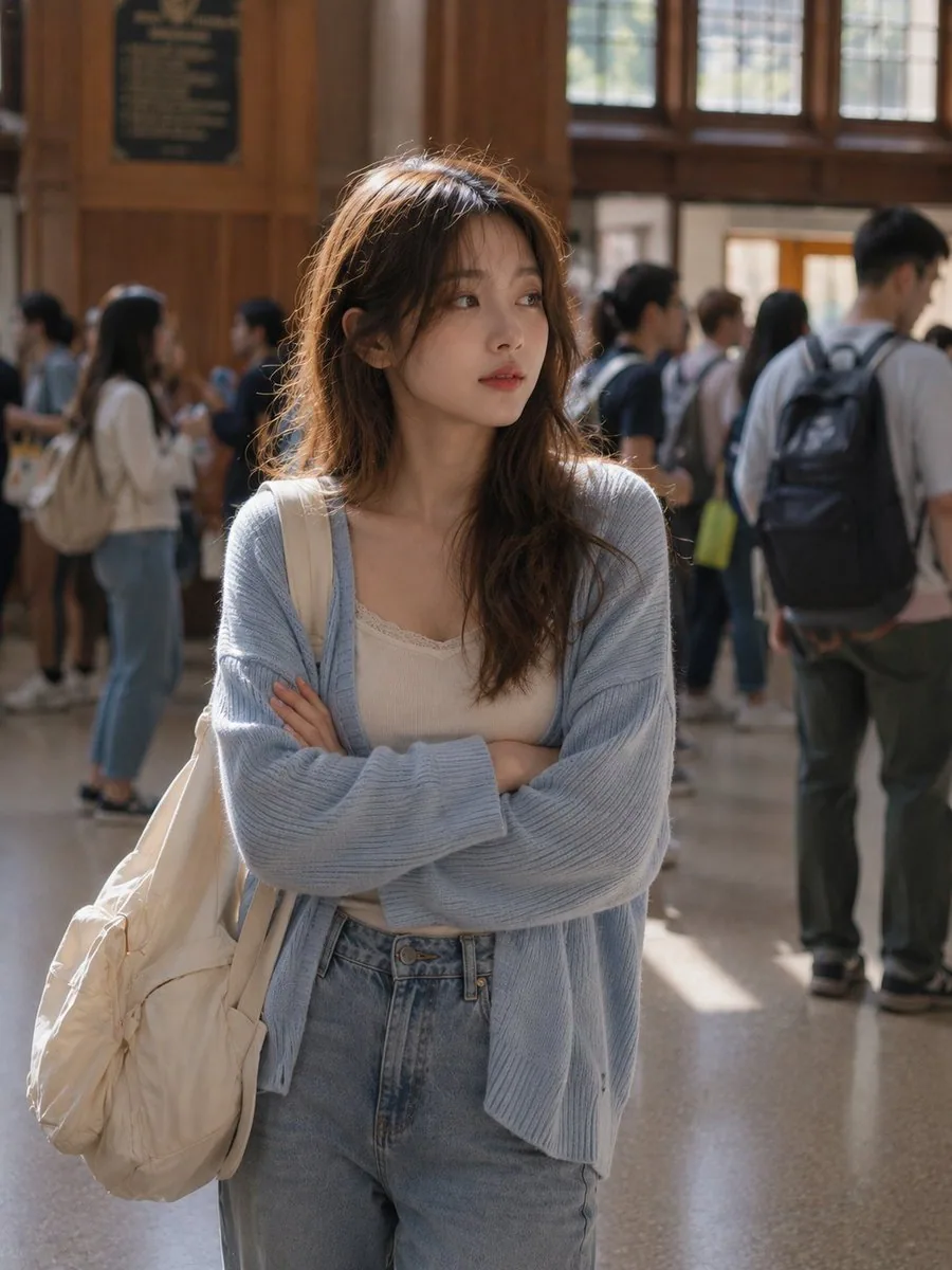 A photorealistic vertical candid portrait of a young woman standing indoors in a busy university or academic … - AI提示词参考图，来自西西提示词
