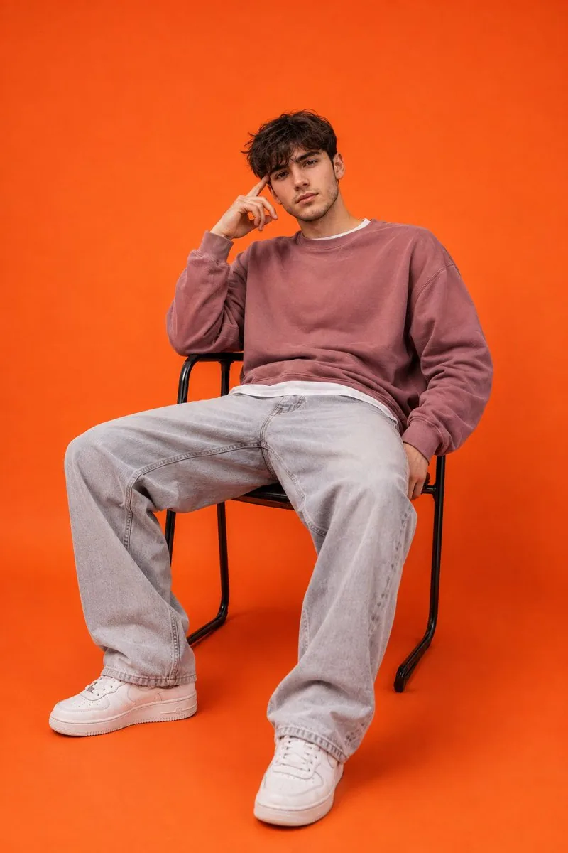 2:3 vertical menswear editorial, young male model seated on a simple black metal chair, legs spread naturally… - AI提示词参考图，来自西西提示词