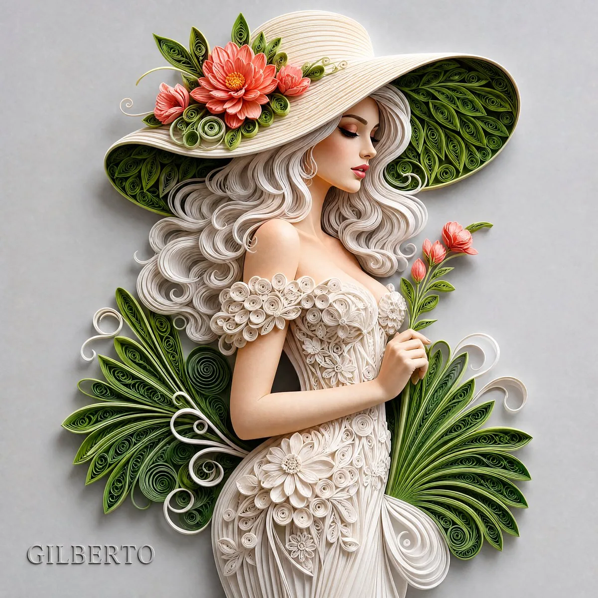 A detailed 3D paper quilling relief artwork of an elegant woman in a stylish off-the-shoulder corset dress ma… - AI提示词参考图，来自西西提示词