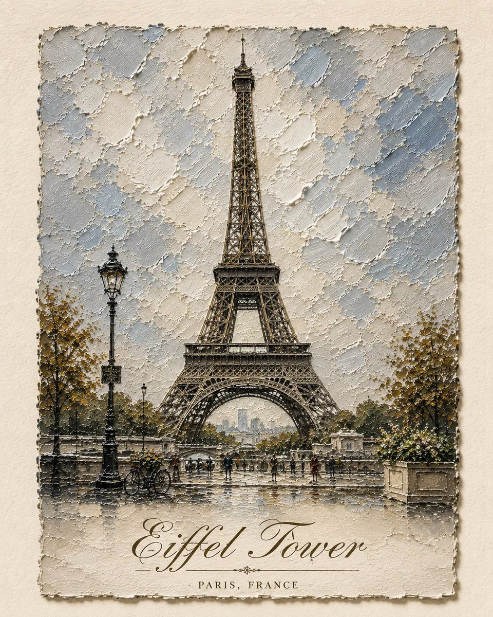 Create a sophisticated fine-art architectural painting of [Structure Name], presented as a highly tactile, th… - AI提示词参考图，来自西西提示词