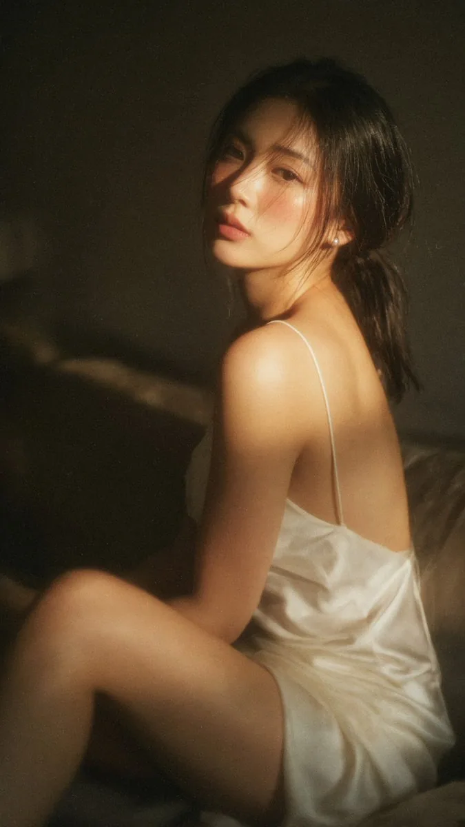 9:16 vertical portrait, dreamy cinematic editorial photography, a beautiful Taiwan idol sitting sideways on a… - AI提示词参考图，来自西西提示词