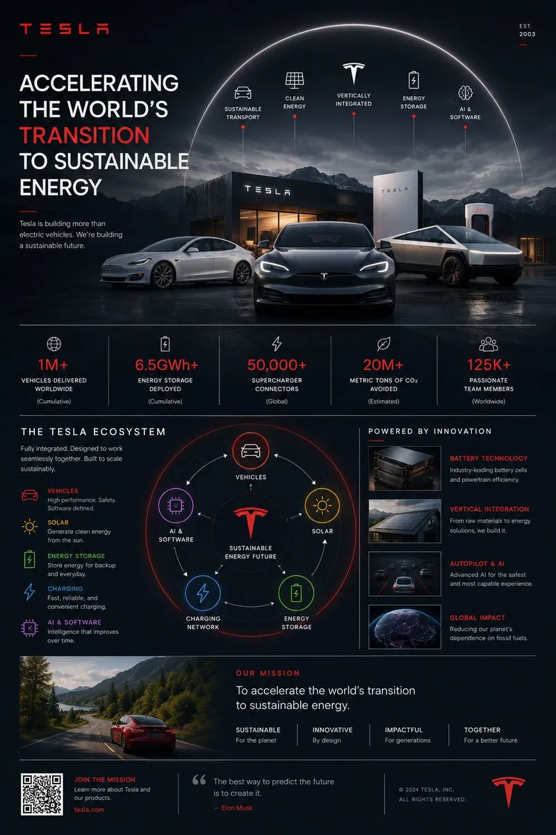 Ultra-premium Tesla ecosystem infographic poster, 4:5 vertical format, concept-driven design titled “TESLA – … - AI提示词参考图，来自西西提示词