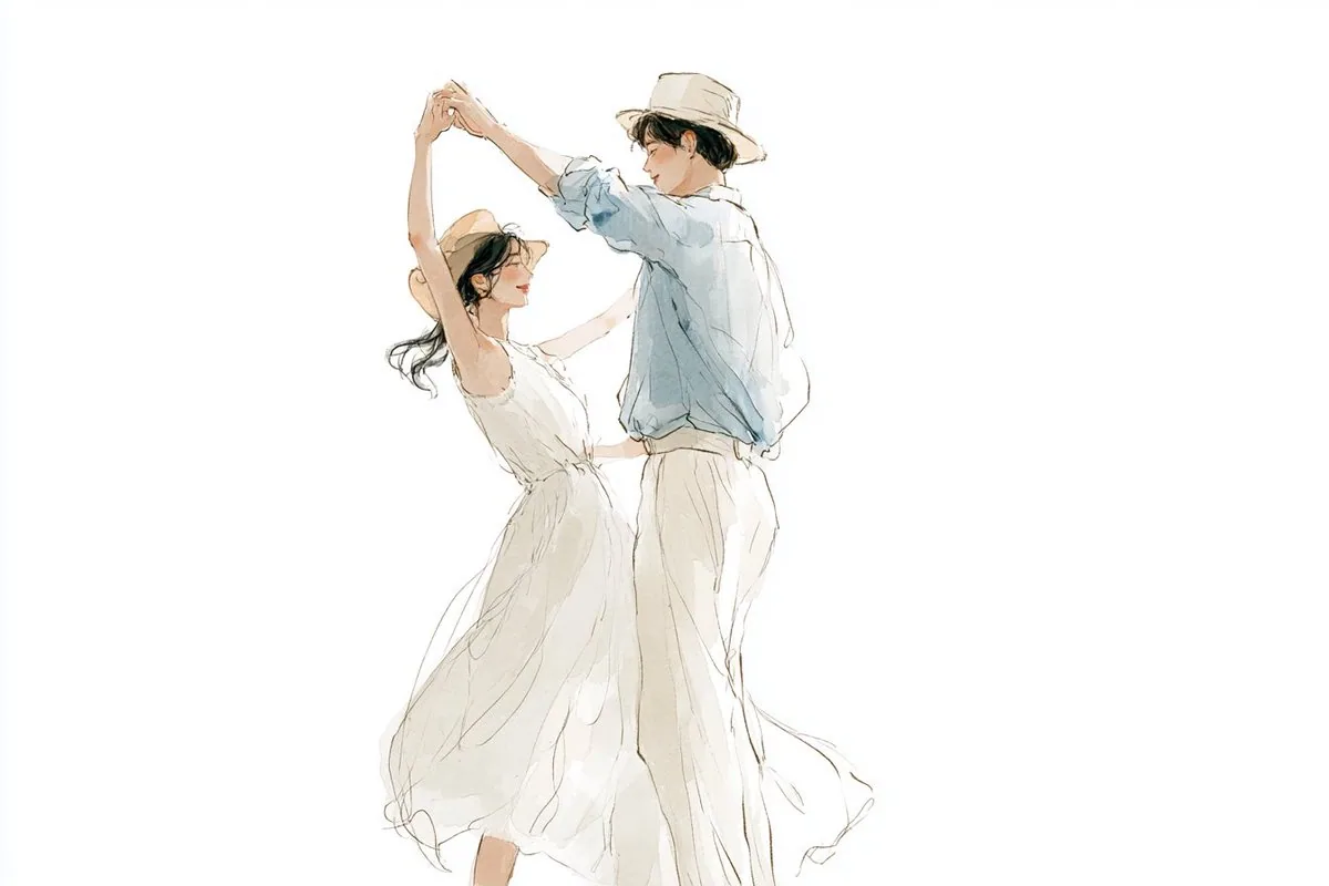 Watercolor line art illustration of [Subjects] sharing a [Romantic Action], Korean illustration aesthetic, li… - AI提示词参考图，来自西西提示词