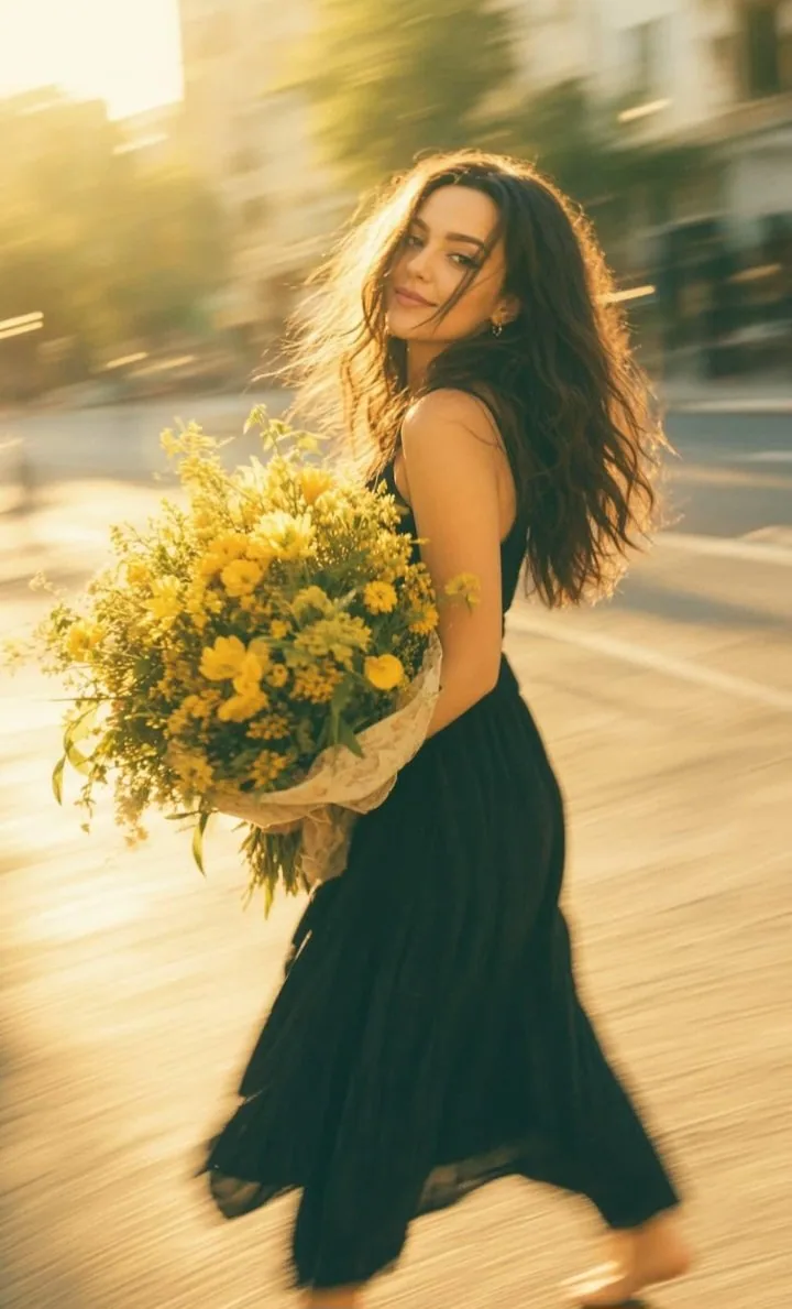 ABSOLUTE SERIES LOCK: Keep EXACTLY the SAME woman and identity, SAME city street, SAME enormous messy bouquet… - AI提示词参考图，来自西西提示词