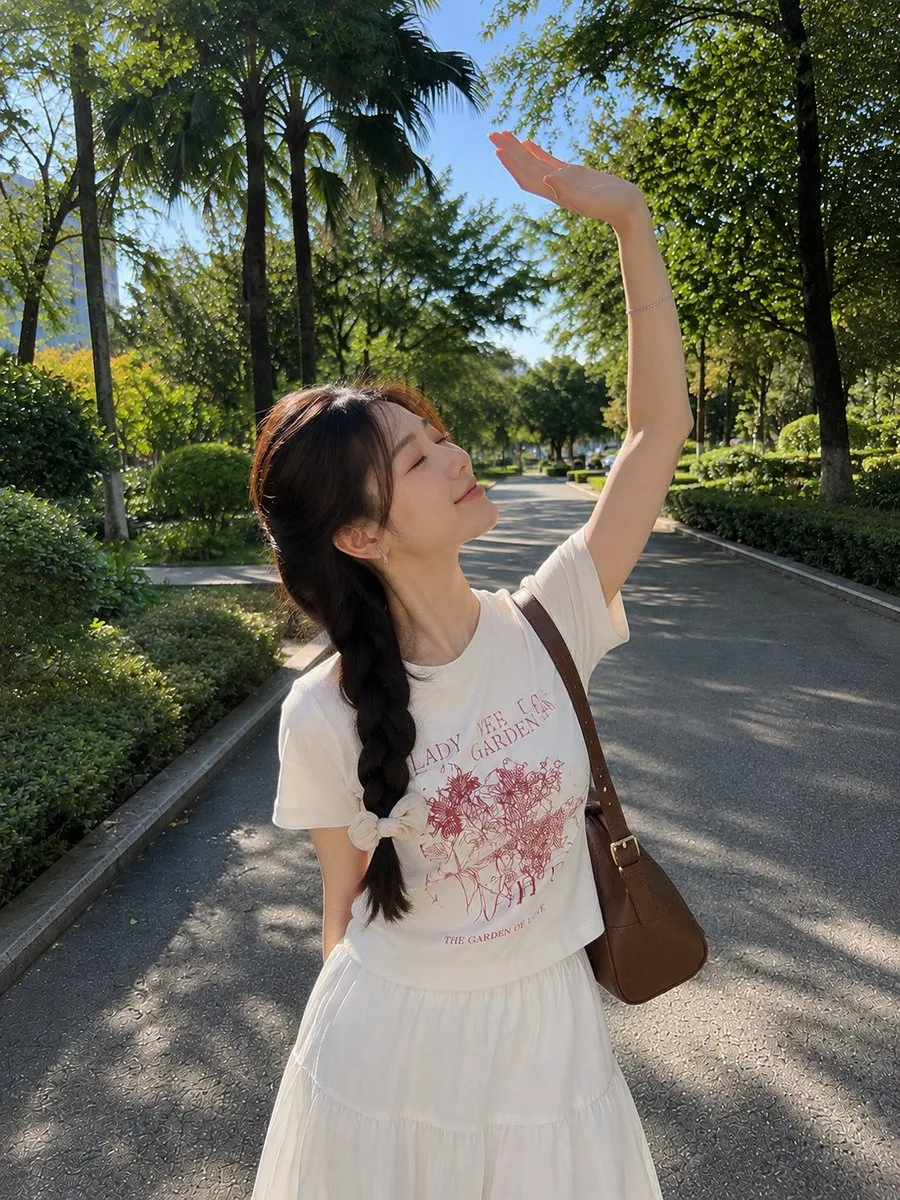 A photorealistic outdoor lifestyle portrait of a young woman walking along a peaceful tree-lined park pathway… - AI提示词参考图，来自西西提示词