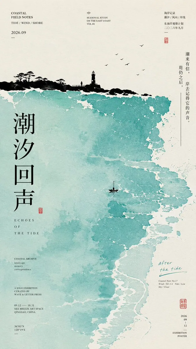 【主题】：[主题] 【主色域】：[主色域] 【地景】：[地景] 【微型叙事】：[微型叙事] 【中文题跋】：[中文题跋] 【画幅】：9:16 生成一张高完成度的中式极简艺术展览海报，融合东方山水留白、现代 Editori… - AI提示词参考图，来自西西提示词