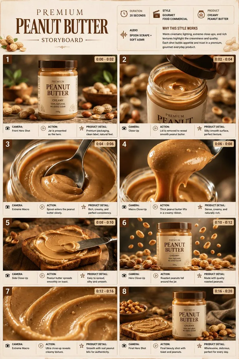 Premium Peanut Butter Product Commercial Storyboard FORMAT: • Single-page premium storyboard • 3:4 Portrait r… - AI提示词参考图，来自西西提示词