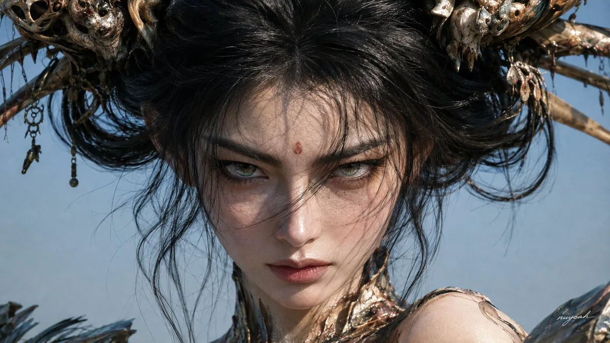 真人电影实拍奇幻角色近景，真实成年东亚女性演员、实体头饰、实物旧化道具与局部特效化妆，自然动态范围，克制冷色电影调色，极轻微细颗粒；16:9横幅，眼睛高度的头肩极近景，约85mm中长焦人像视野感，人物正面居中，脸部占画… - AI提示词参考图，来自西西提示词