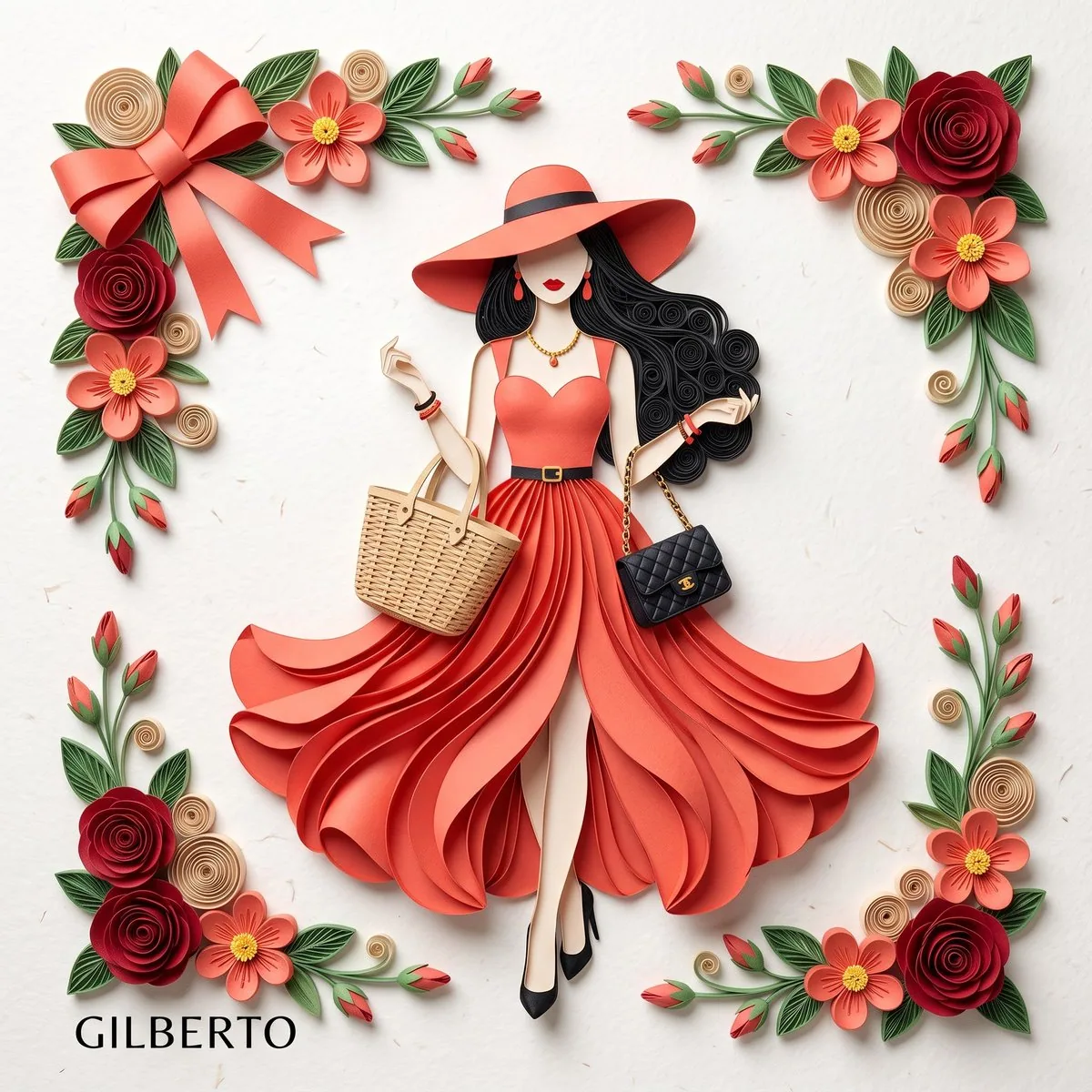 3D paper quilling and layered paper craft art of an elegant fashion illustration, flat lay view on a clean, o… - AI提示词参考图，来自西西提示词