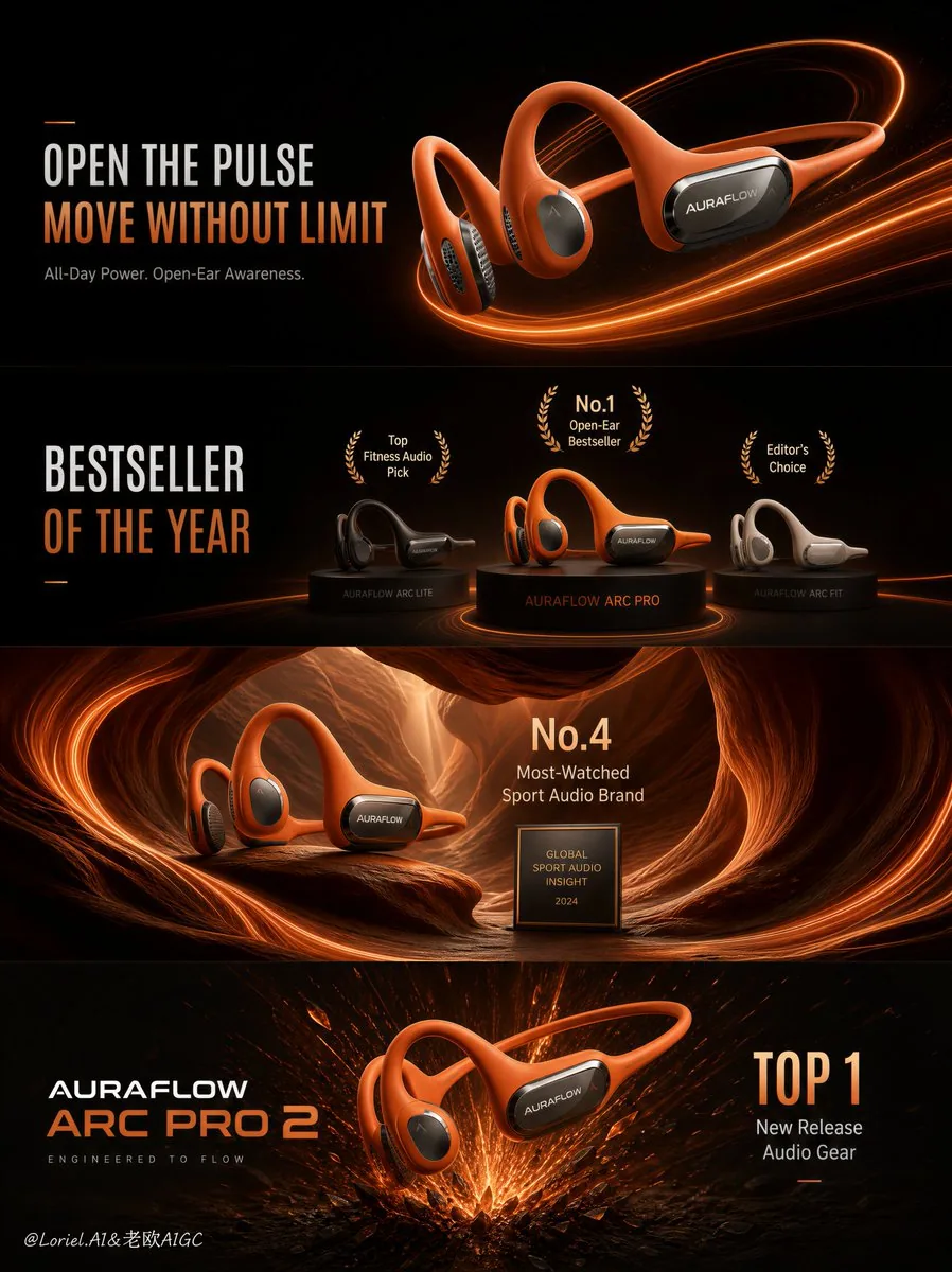 Create a Cannes-level flagship long-form product advertising poster for an original premium open-ear sports a… - AI提示词参考图，来自西西提示词