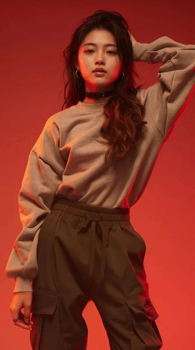 High-fashion studio portrait of a stylish young East Asian woman posing dynamically with one hand touching he… - AI提示词参考图，来自西西提示词