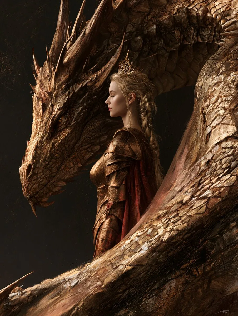 A fantasy digital painting of a warrior queen and a dragon standing together. The woman, shown from the side,… - AI提示词参考图，来自西西提示词