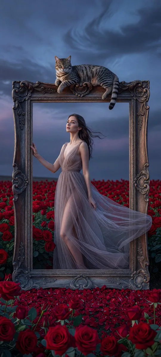 Cinematic surreal fine-art photography of an elegant woman standing within a massive, antique carved picture … - AI提示词参考图，来自西西提示词