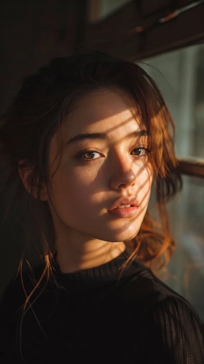 A close-up cinematic portrait of a young woman with natural beauty, hazel eyes, and slightly parted lips. Her… - AI提示词参考图，来自西西提示词