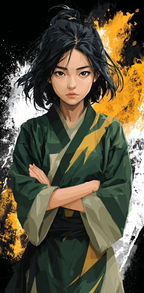 A stylized digital anime illustration of a young East Asian girl with a serious, determined expression, stand… - AI提示词参考图，来自西西提示词