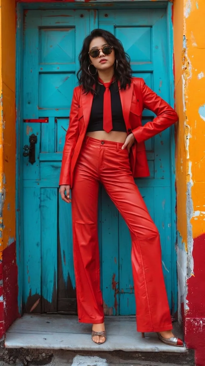 A full-body fashion photograph of a woman with voluminous, curly dark hair, wearing an all-red tailored pants… - AI提示词参考图，来自西西提示词