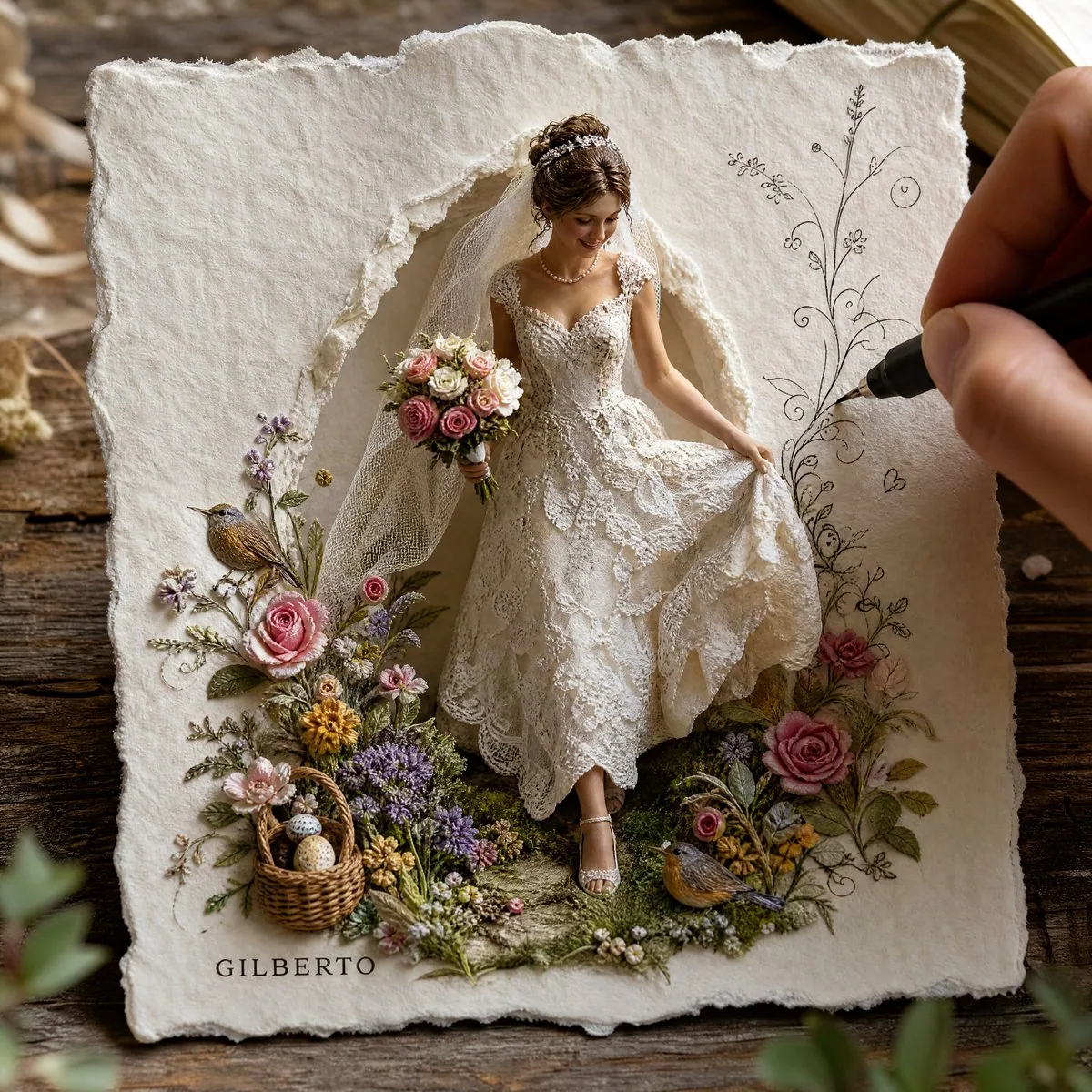 A high-detail close-up shot resting on a rustic wooden table featuring an off-white, deckle-edged handmade te… - AI提示词参考图，来自西西提示词