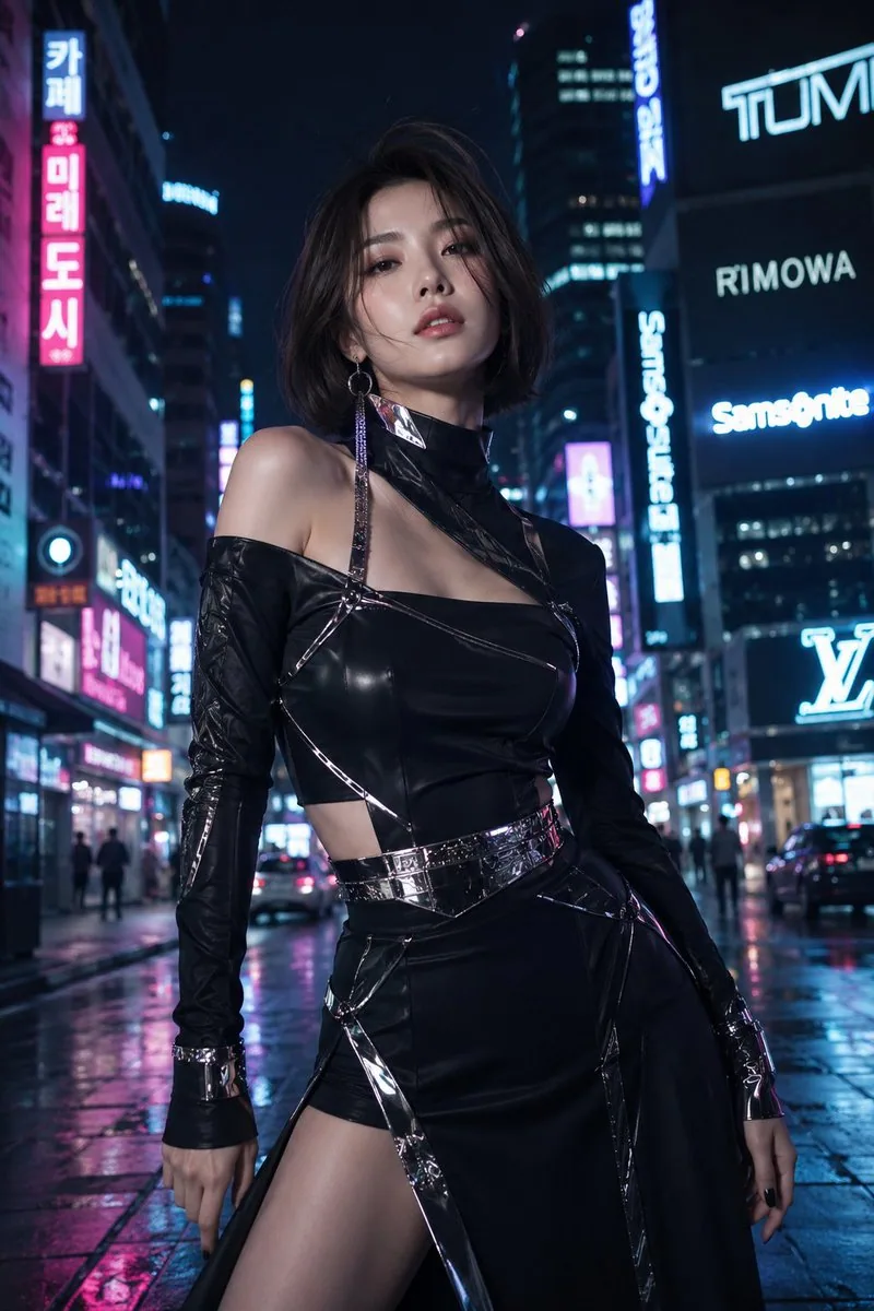 A stunning adult woman in her mid-20s, with a sleek short bob haircut, soft glowing skin, subtle glossy makeu… - AI提示词参考图，来自西西提示词