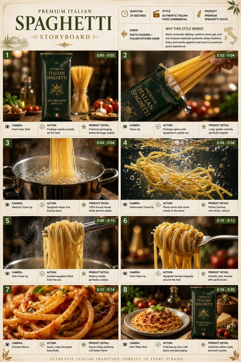 TITLE: Premium Italian Spaghetti Product Commercial Storyboard FORMAT: • Single-page premium storyboard • 3:4… - AI提示词参考图，来自西西提示词