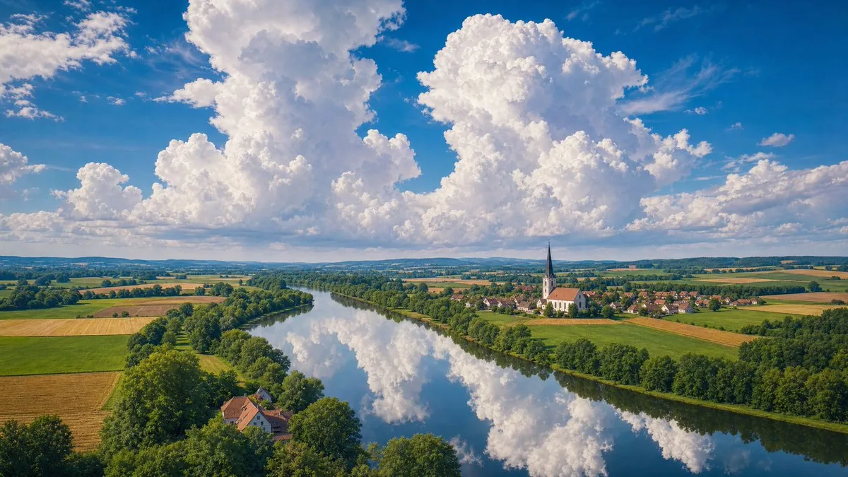 A painterly, highly detailed landscape scene with a luminous blue summer sky dominated by towering white cumu… - AI提示词参考图，来自西西提示词