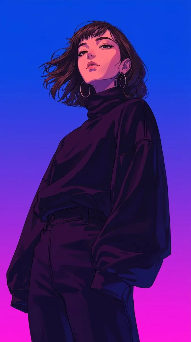 A retro-modern anime digital painting of a chic young woman in a dramatic low-angle perspective. Tousled dark… - AI提示词参考图，来自西西提示词