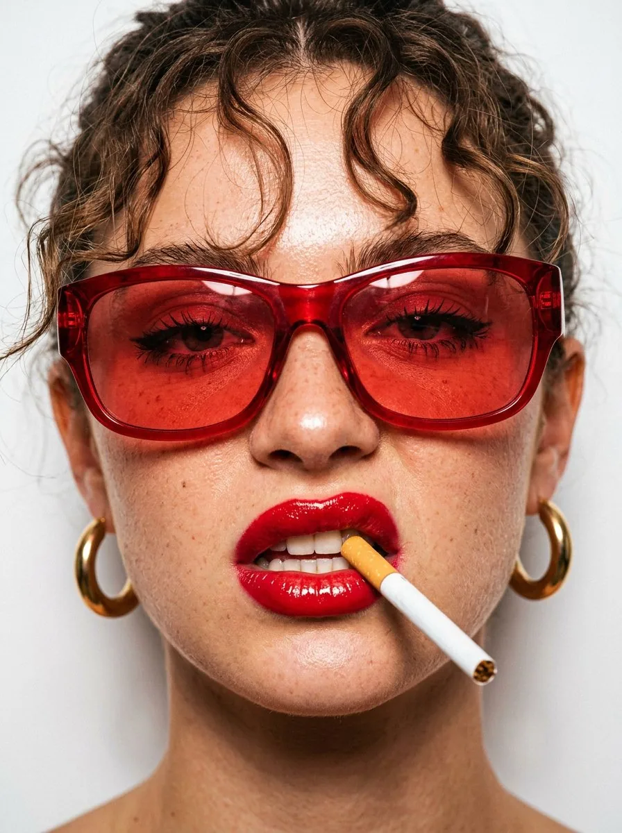 { subject : { gender : female , pose : extreme close-up of face, lips parted biting cigarette , expression : … - AI提示词参考图，来自西西提示词