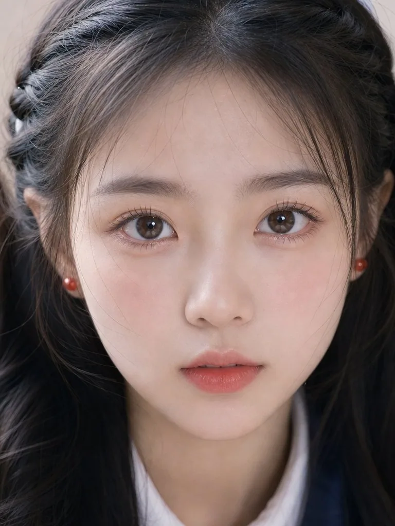 东方年轻少女正面肖像，超近景贴脸特写，镜头距离非常近，画面几乎被脸部填满，人物正面面对镜头，头部端正，视线直视镜头，双眼位于视觉中心，构图高度集中于人脸本身，整体呈现强烈的面部主导感与扑面而来的呼吸感。 人物气质清纯、… - AI提示词参考图，来自西西提示词