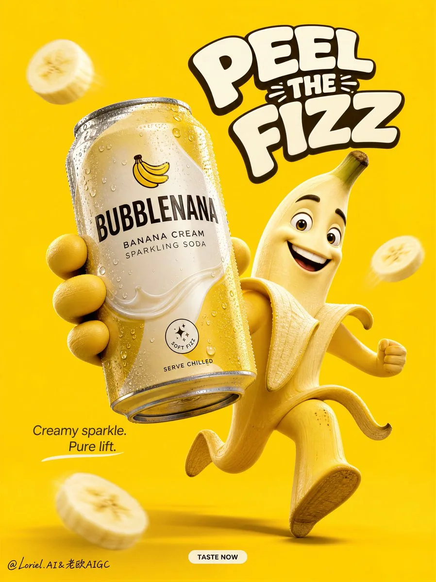 Create a Cannes-level flagship advertising poster for an original soft drink brand named BUBBLENANA, featurin… - AI提示词参考图，来自西西提示词