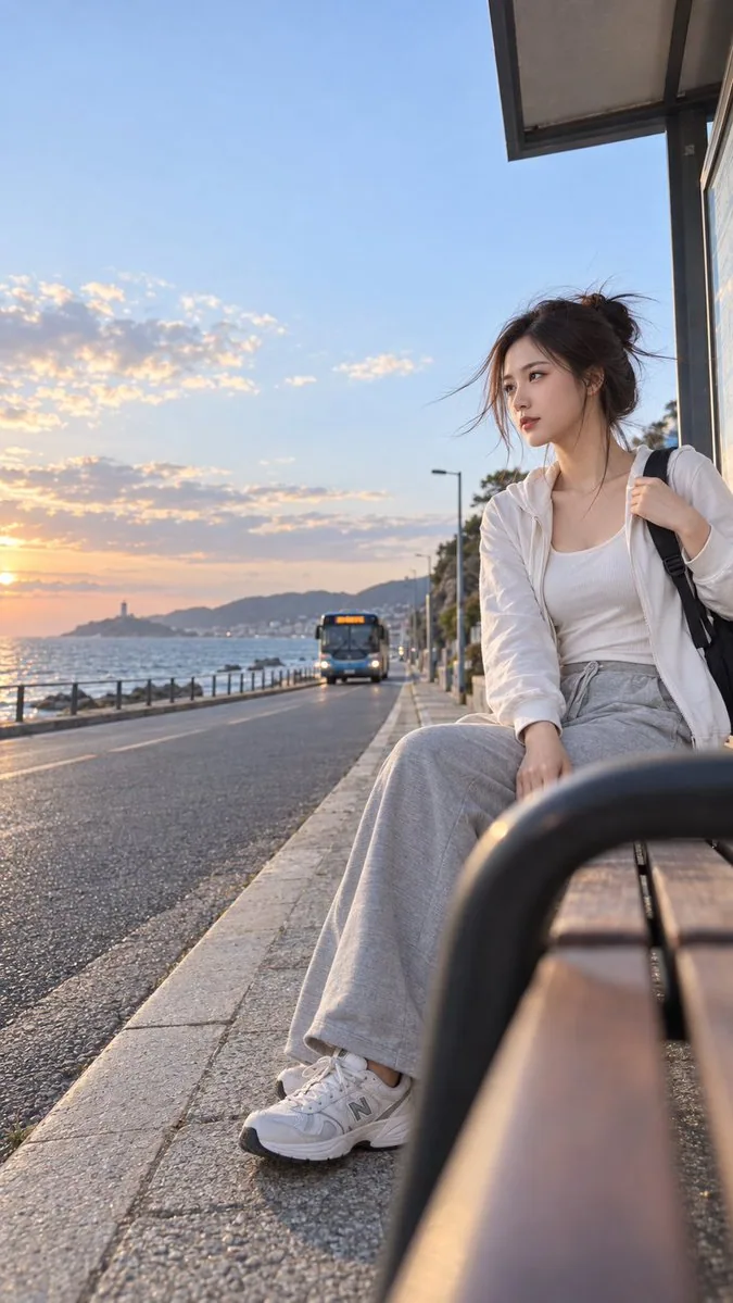 一位成年中国女模特，头发松松扎起，穿轻运动休闲风私服，在临海街道的公交站旁刚刚坐下，背包还挂在一侧肩头，她正伸手将肩带滑下来，被海风吹得轻轻眯眼，脸朝向远处驶来的公交车。 24mm 广角全身环境人像，摄影师从长椅侧端的… - AI提示词参考图，来自西西提示词