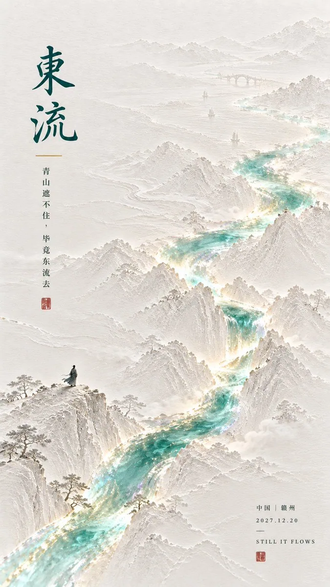 【诗词原句】：[诗词原句] 【两字主题】：[两字主题] 【核心情绪】：[核心情绪] 【视觉动作】：穿 / 折 / 震 / 散 / 燃 / 聚 / 升 / 落 【主体】：[主体] 【流光色彩】：[流光色彩] 【浅浮雕】：… - AI提示词参考图，来自西西提示词