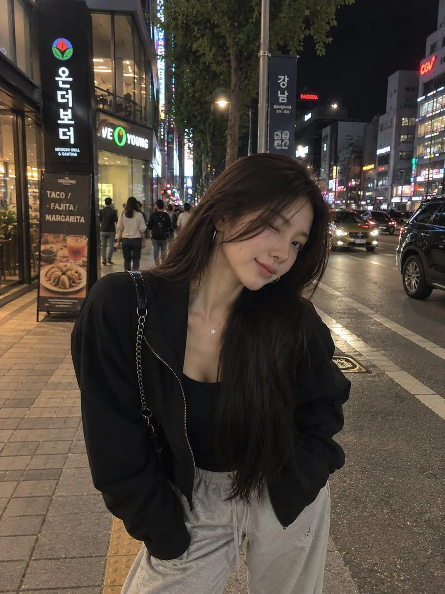 A photorealistic nighttime street-style portrait of a young woman taking a casual selfie in a busy Korean cit… - AI提示词参考图，来自西西提示词