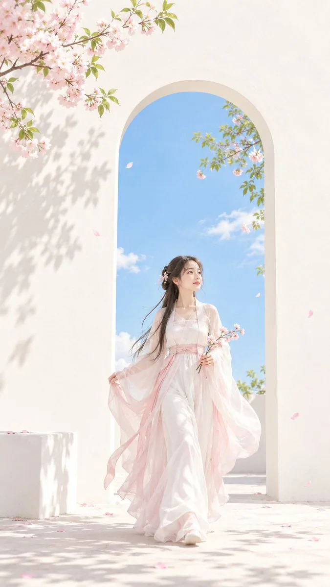主题方向：东方禅意极简封面海报 风格分支：女性审美清透型 主体内容：一位古风女子从门洞前缓步经过，姿态轻盈 情绪母题：明净、轻快、春日呼吸感 场景与意象：白墙、晴空蓝门洞、樱花粉花影、少量叶片、人物 构图与空间：9:1… - AI提示词参考图，来自西西提示词