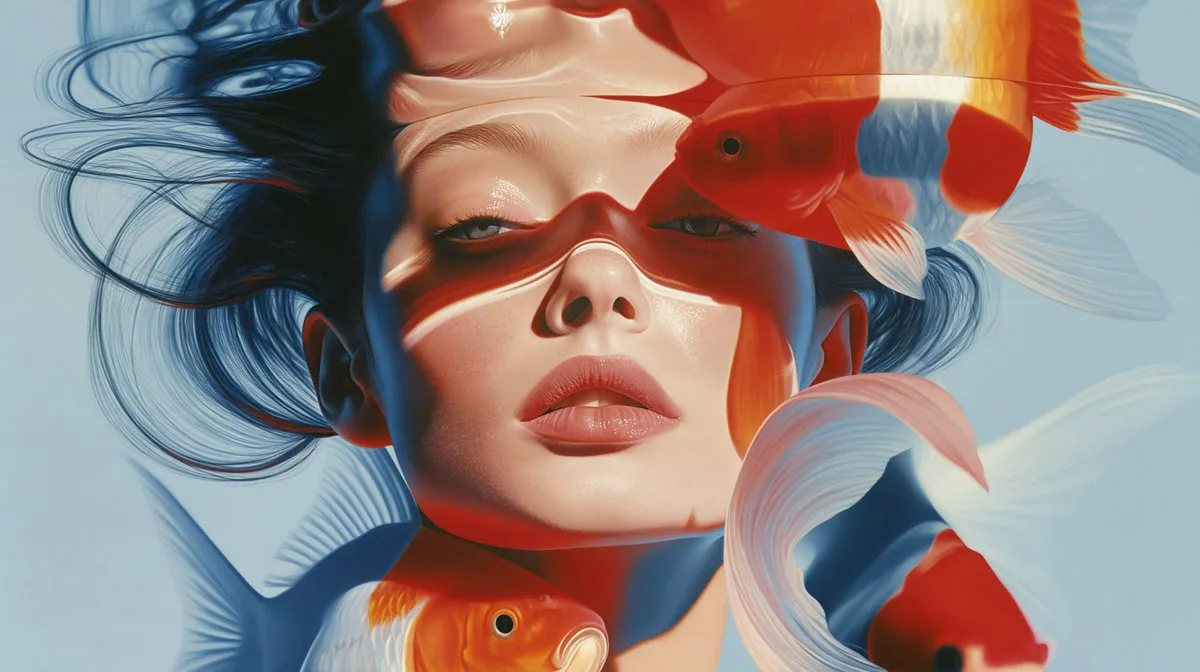 Woman swimming underwater with beautiful koi, bright vivid colours - AI提示词参考图，来自西西提示词