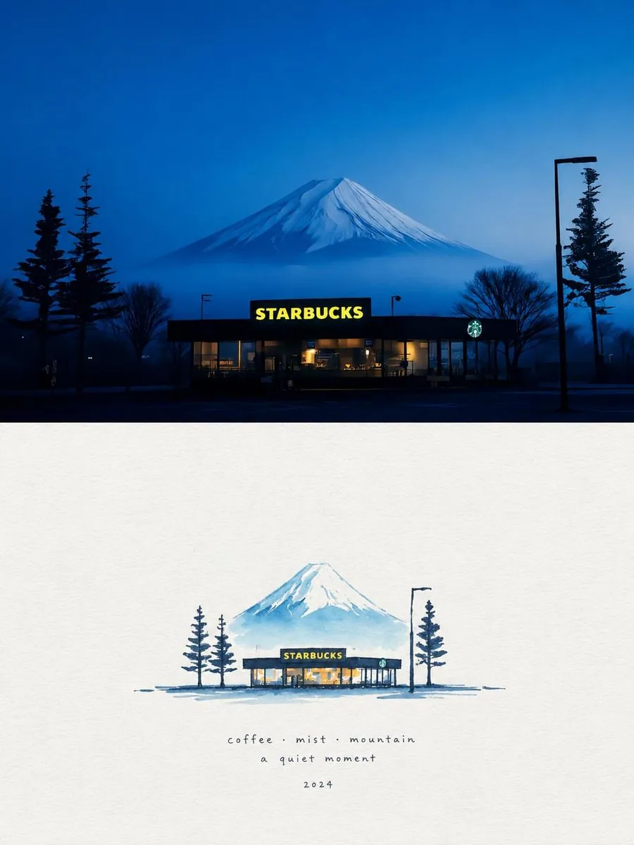 Use the uploaded image as the exact composition and subject reference. Transform the original nighttime photo… - AI提示词参考图，来自西西提示词