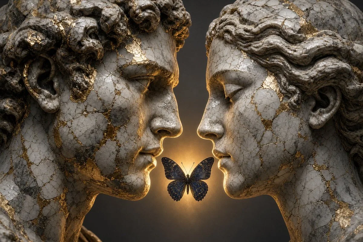 Close-up of two cracked classical sculpture heads facing each other in profile, almost touching at the forehe… - AI提示词参考图，来自西西提示词