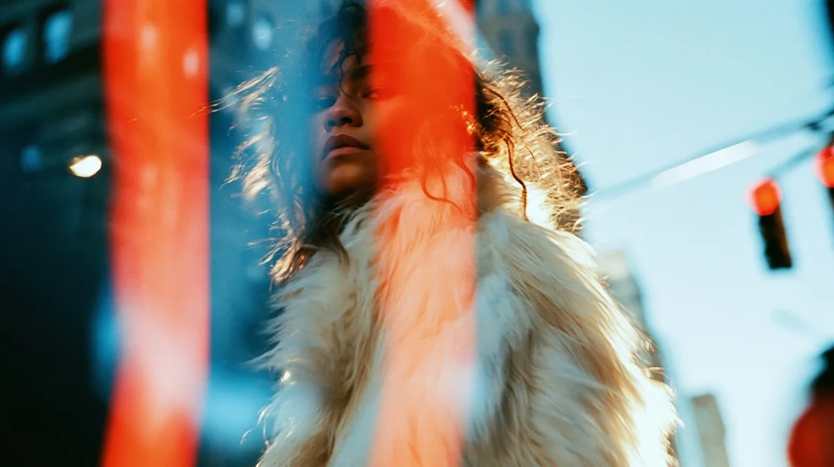 Zendaya wearing big oversized white fur coat in New York, Kodak 35mm film, golden hour, bokeh, artistic light… - AI提示词参考图，来自西西提示词