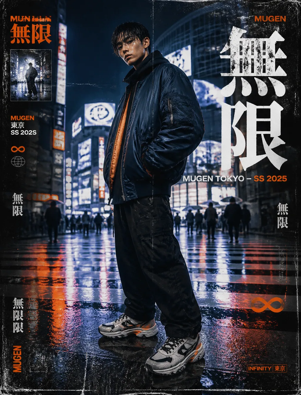 Urban streetwear editorial poster. A young Asian man in oversized vintage bomber jacket, baggy cargo pants, c… - AI提示词参考图，来自西西提示词