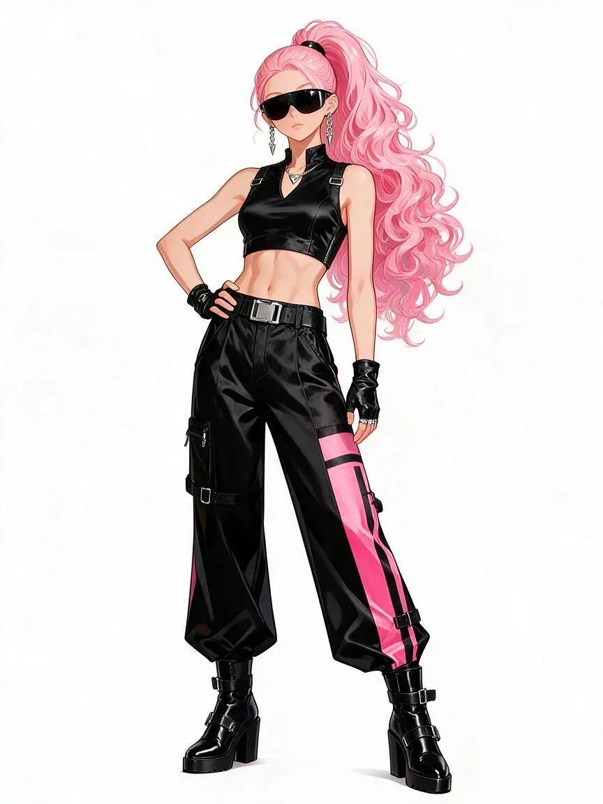 A stylish anime woman stands facing the viewer in a confident full-body pose, her voluminous waist-length pin… - AI提示词参考图，来自西西提示词