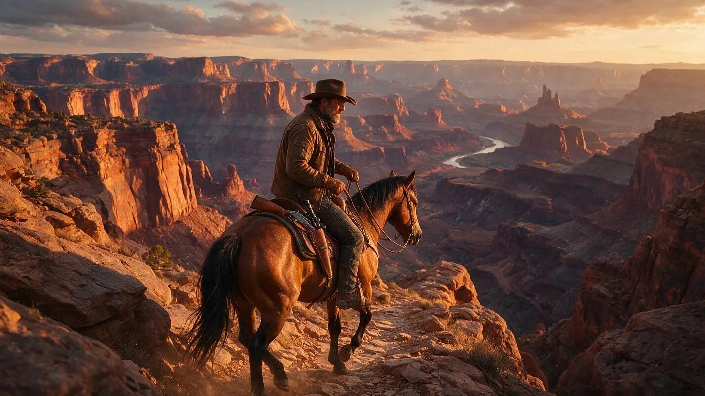 Papel pintado cinematográfico, ultra alta resolución, 8K. Un vaquero moderno, Silas Thorne, montando un cabal… - AI提示词参考图，来自西西提示词