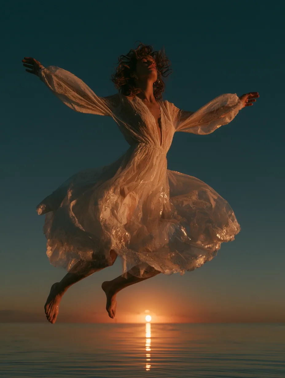 woman soaring in mid air during sunset, in the style of feminine body, low-angle shots, light navy and white,… - AI提示词参考图，来自西西提示词
