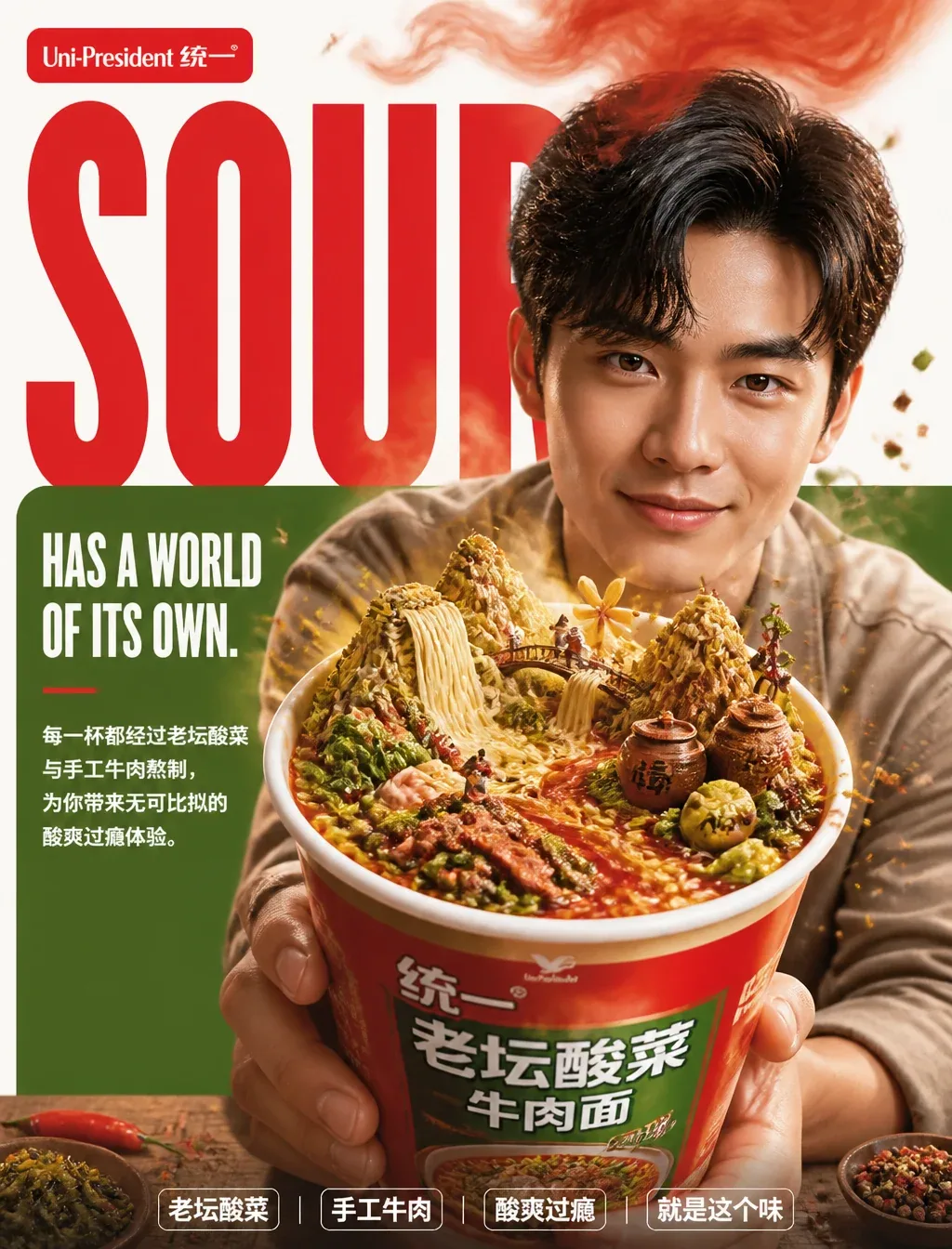 生成一张世界级品牌广告级速食海报，采用大胆商业版式 × 超现实写实主义风格，照片级真实感，奢侈品编辑级视觉叙事，无AI痕迹。竖版构图，适配中国大陆社交媒体，下沉市场同步适配。核心创意："酸爽自有其世界。" 统一老坛酸菜… - AI提示词参考图，来自西西提示词